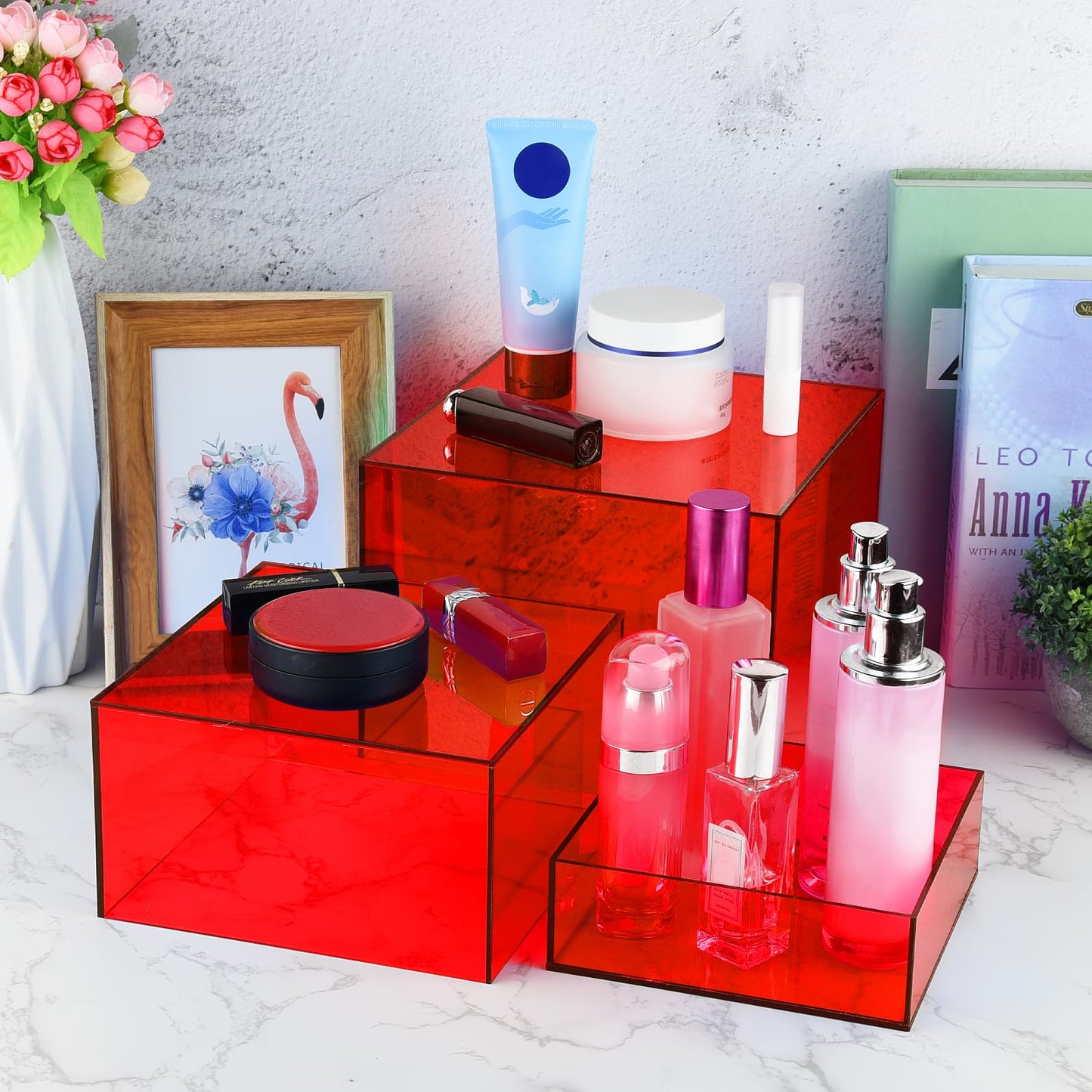Bouiexye 3Pcs Red Buffet Risers Acrylic Boxes Display Food Risers for Buffet Table Platter Parties Weddings Catering Dessert Collectibles Figures Show (6''x7''x8'')