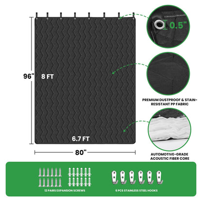 Sound Dampening Blanket 96" L x 80" W, 2 Pcs Lightweight Automotive-Grade Acoustic Soundproof Curtain with Grommets, Hanging Loops & Wall Hooks, Noise Blocking Blankets for Doorway, Home Office Studio