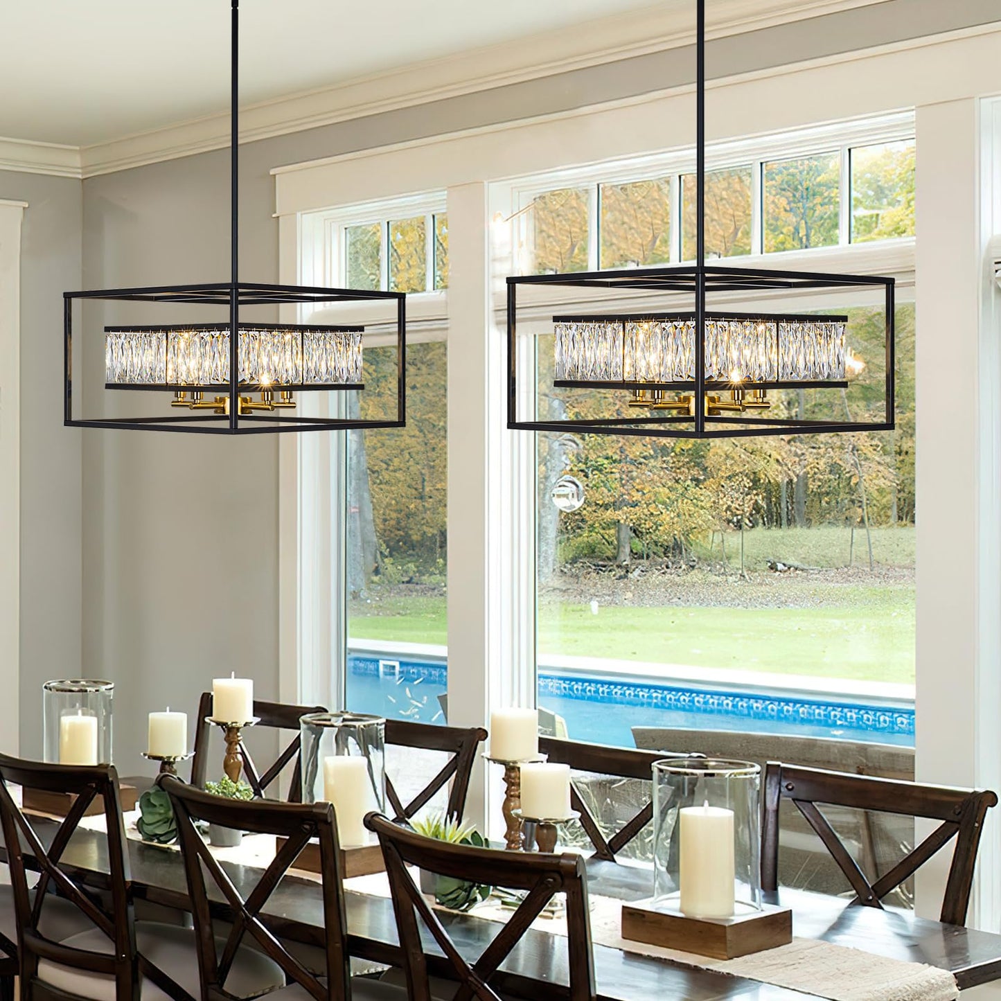 Vezzio Crystal Chandelier for Foyer Entryway，5-Light Black Modern Farmhouse Pendant Chandelier, Contemporary Hanging Light Fixture for Dining Room Living Room Bedroom Kitchen Island