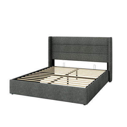 SHA CERLIN Full Size Lift Up Storage Bed/Modern Wingback Headboard/Upholstered Platform Bed Frame/Hydraulic Storage/No Box Spring Needed/Wood Slats Support/Dark Grey