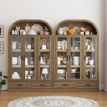 chartustriable 73" Tall Arched Kitchen Pantry Cabinet w Load-Bearing Steel Pipe,Modern Farmhouse Kitchens Storage Cabinet with Drawer and Glass Doors,Tall Arched Bookcase,Pantry Organizer(Natural)