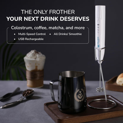 Wellness Extract Multi-Speed Rechargeable Electric Milk Frother, Li-ion Battery Powered – Certified Safe, Ideal for Coffee, Matcha, Protein & Colostrum