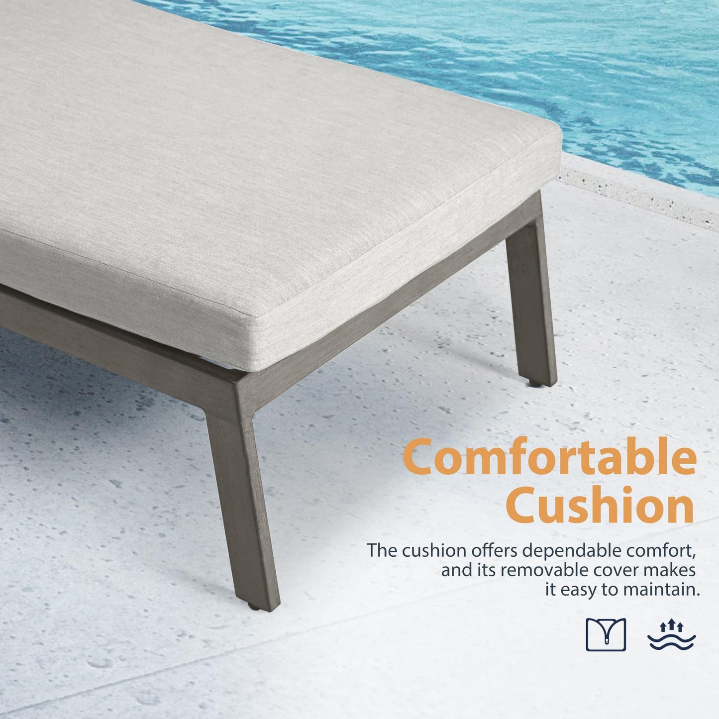 HAPPATIO Outdoor Chaise Lounge - Aluminum Pool Lounge Chair with Adjustable Backrest and Cushion, Curved Armrest, Outdoor Lounge Chair for Beach, Yard, or Poolside (Grey)