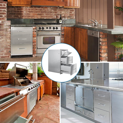 Outdoor Kitchen Drawers with Paper Towel Holder 17"Wx30"Hx20"D Flush Mount Access 3-Drawer BBQ Stainless Steel Drawers with Handle for Outdoor Kitchen Island or Grill Station