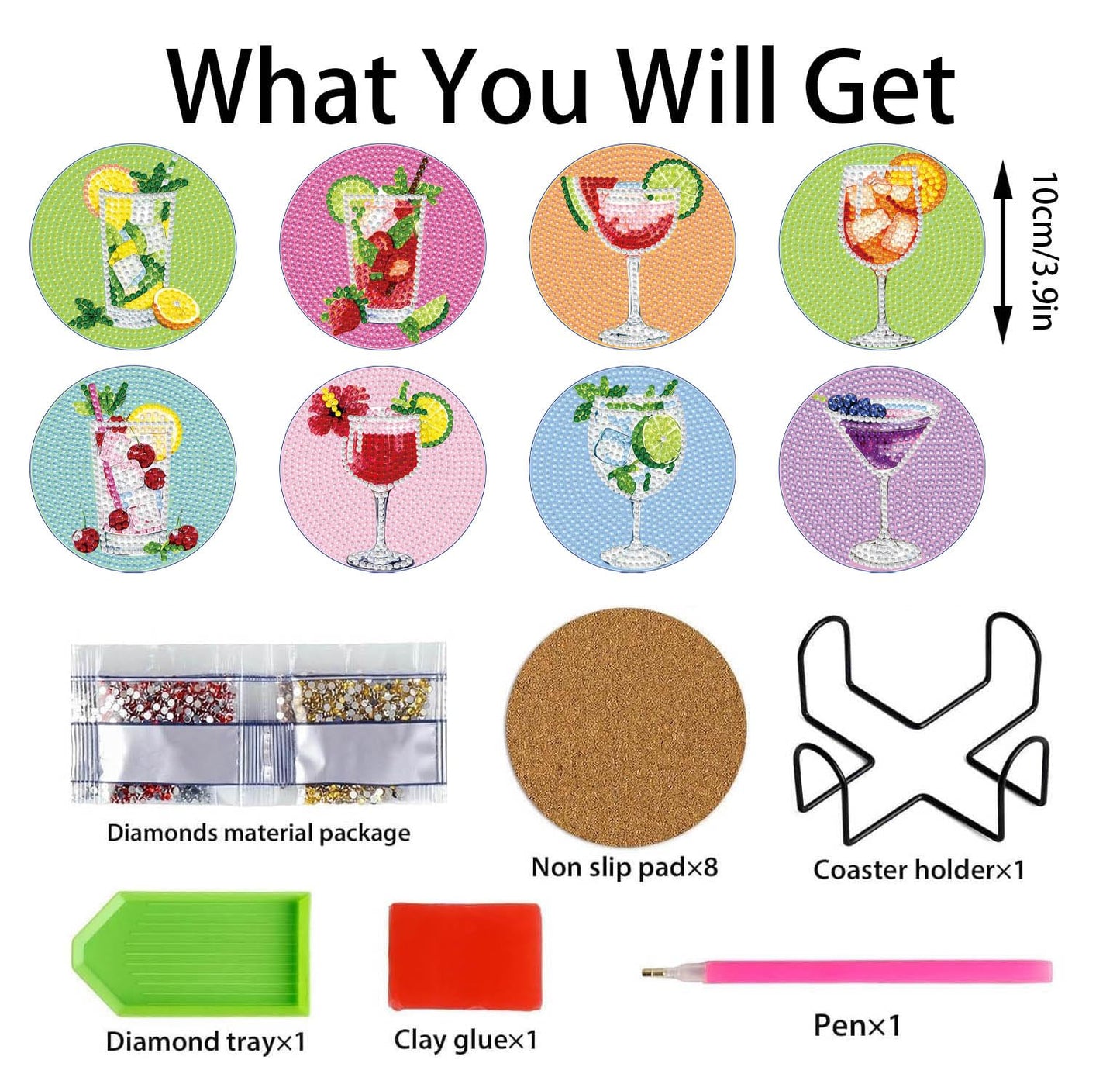 Dlylust 8 PCS Cocktail Diamond Art Coasters Kits, Diamond Painting Coasters with Holder Set of 8, DIY Drink Art Crafts Supplies for Adults Cup Mat House Warming Gifts Non-Slip 3.9inch