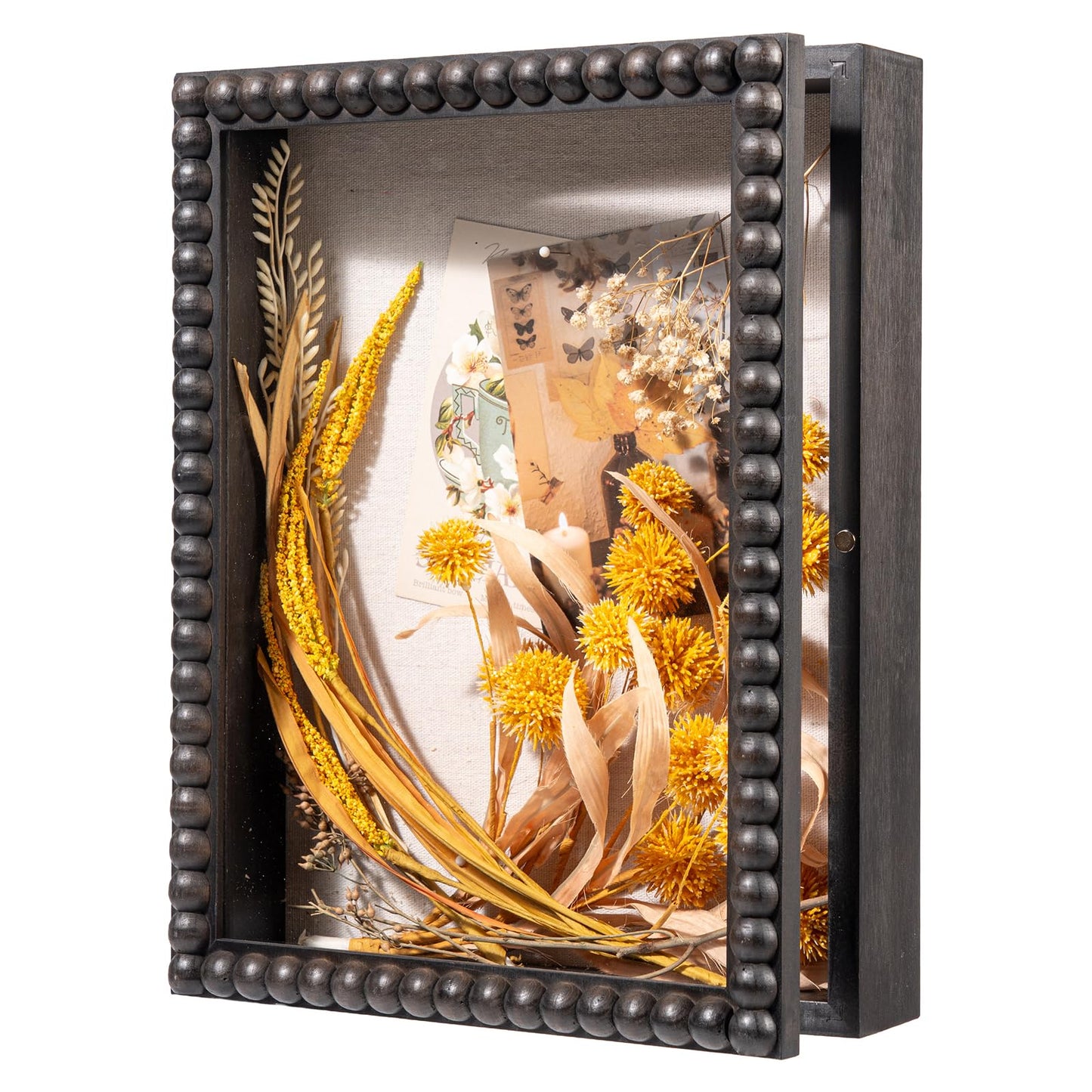 Shadow Box Frame 11x14 - 2" Interior Deep Solid Wood & Glass Display Case with Unique Beads Door, Deep Memory Box for Photos, Memorabilia, Collections, Awards, Tickets-Black