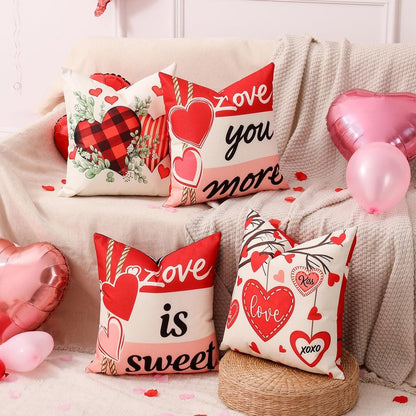 multiwins Valentine Decorations Set of 4 Double-Sided Valentine's Day Throw Pillow Covers 18" x 18", Reversible 8 Designs, with 16 pcs Heart & Love Balloons, Stickers, Complete Valentines Decor Kit