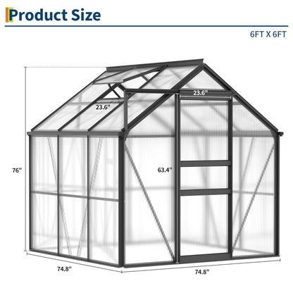 Garvee 6x6 Ft Polycarbonate Greenhouse - Free-Standing Greenhouse for Outdoors with Rust-Resistant Aluminum Frame, Gutter System & Roof Vent, Ideal for Seed Starting & All-Season Plant Protection