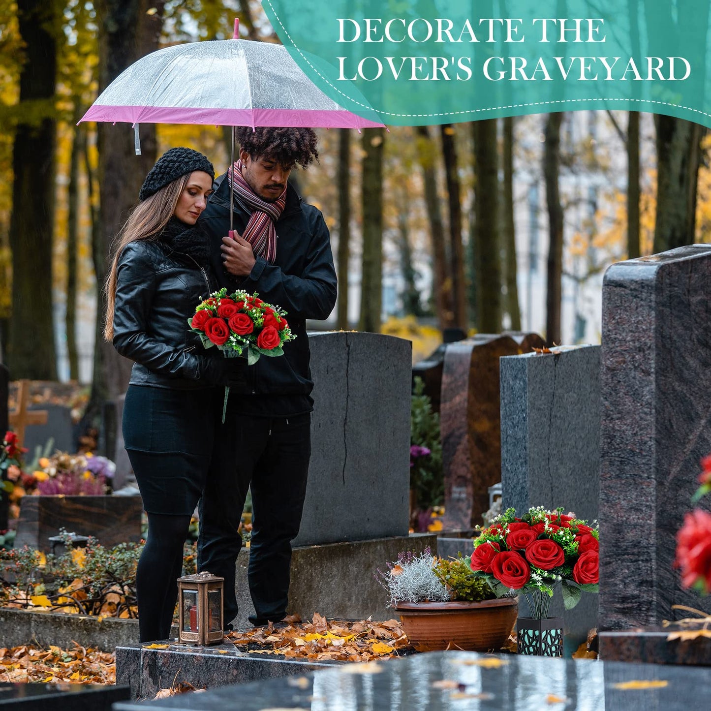 Yahenda 2 Sets Artificial Cemetery Flowers 36 Heads Rose with 2 Grave Markers Flower Holder Vase with Drainage Hole Long Spikes and 2 Floral Foam Blocks for Outdoor Memorials (Red)