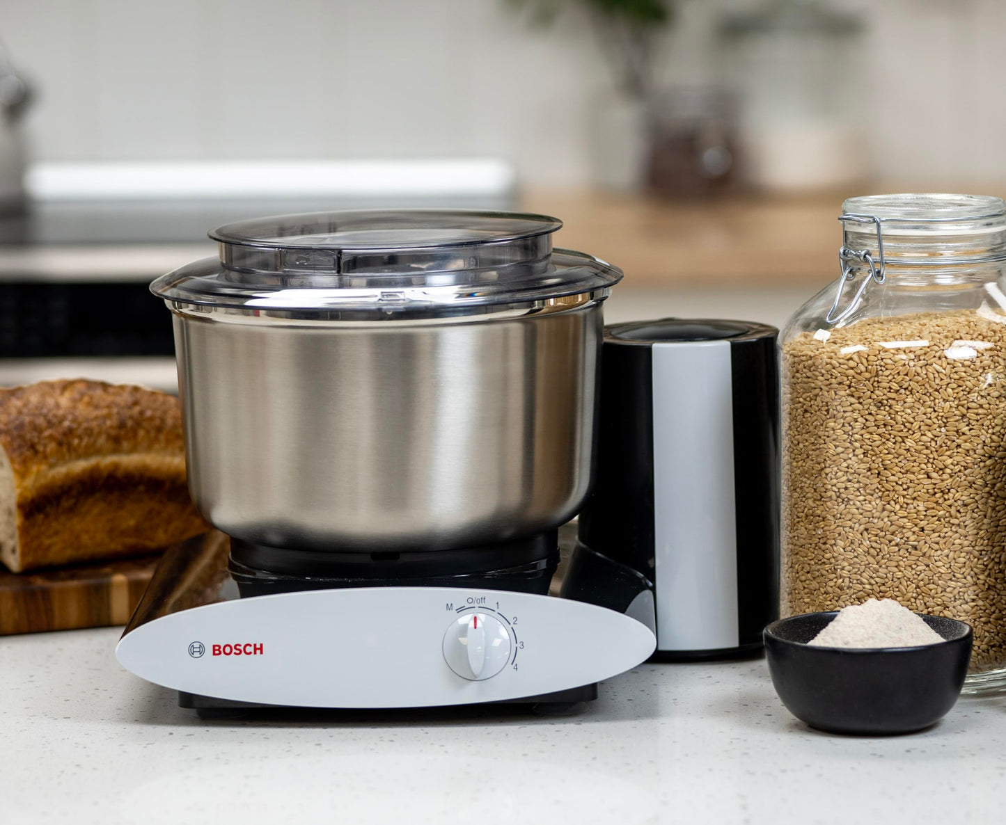 Bosch Universal Plus Stand Mixer with Stainless Steel Bowl with NutriMill Dough Hook Extender Bundle- Black 500 Watt