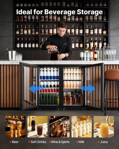 VEVOR Back Bar Cooler, 7.4 Cu. Ft Commercial Beverage Refrigerator, Under Counter Bar Fridge with 2 Glass Doors, LED Lighting, Shelves, Low-E Glass Display Cooler for Beer, Soda, Wine, Drinks