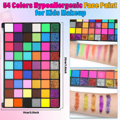 Professional Face Painting Kit for Kids and Adults – 54 Color Water Activated Cosplay Makeup Kit, Non-Toxic Body Paint with Stencils, Gems, Brushes– for Halloween FX, Bday Parties, School Event