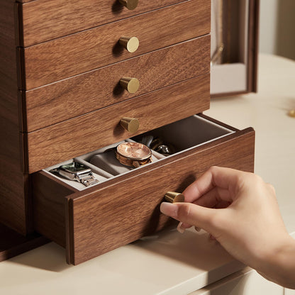CHOSIN Black Walnut Wooden Jewelry Box, 6-Layer Lockable Wood Jewelry Organizer with Mirror, Side Doors & Brass Handle, Classical Design for Rings, Necklaces, Earrings, Ideal Gift for Her