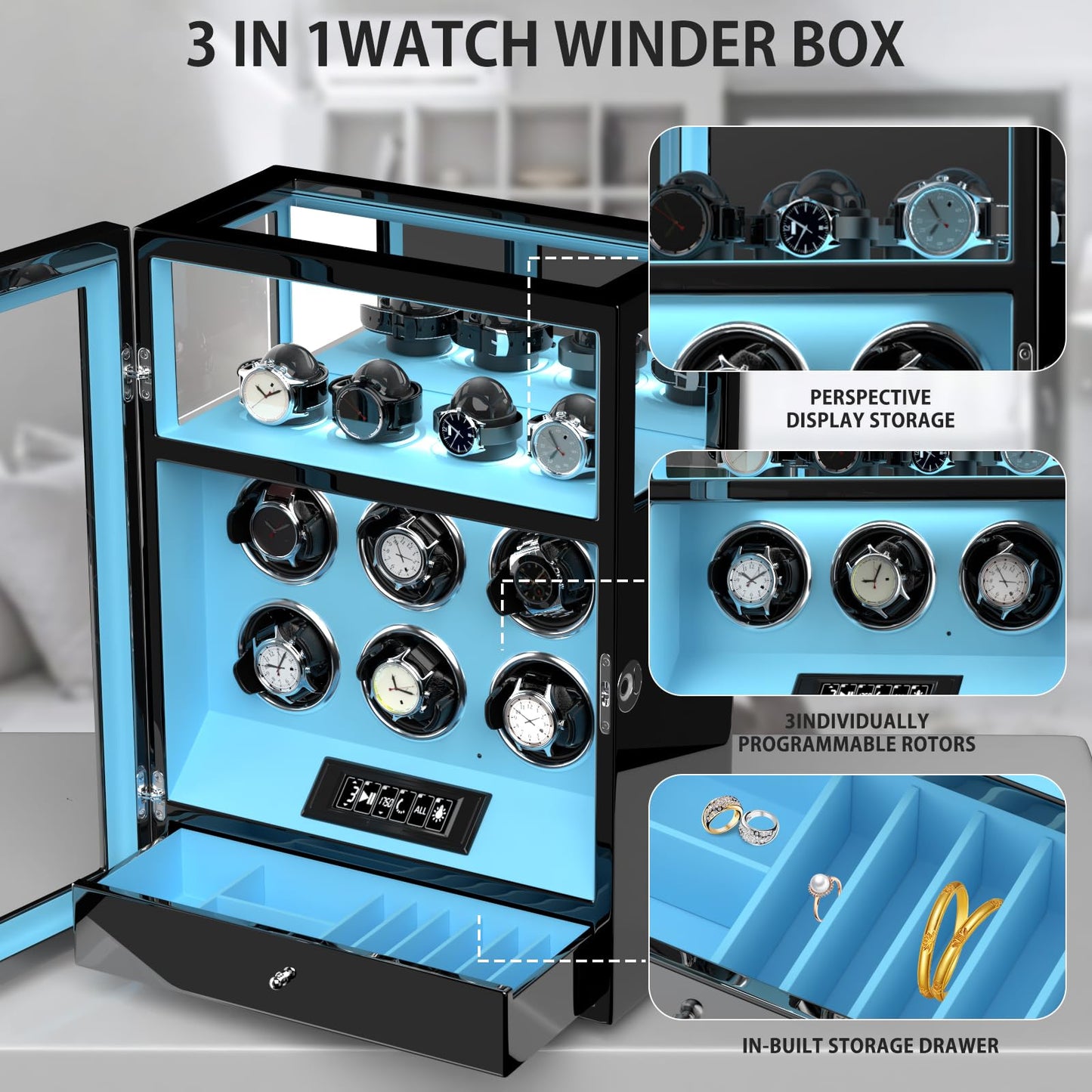 DUKWIN Watch Winder, Fingerprint Lock Automatic Watch Winder for 6 Watches with 4 Holders,300-2300 TPD,Digital Display, Remote Control,Jewelry Storage and Adjustable Watch Pillow and LED Light,Blue