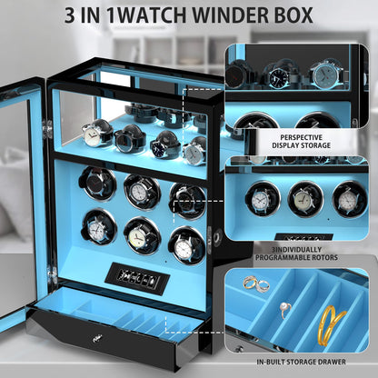 DUKWIN Watch Winder, Fingerprint Lock Automatic Watch Winder for 6 Watches with 4 Holders,300-2300 TPD,Digital Display, Remote Control,Jewelry Storage and Adjustable Watch Pillow and LED Light,Blue