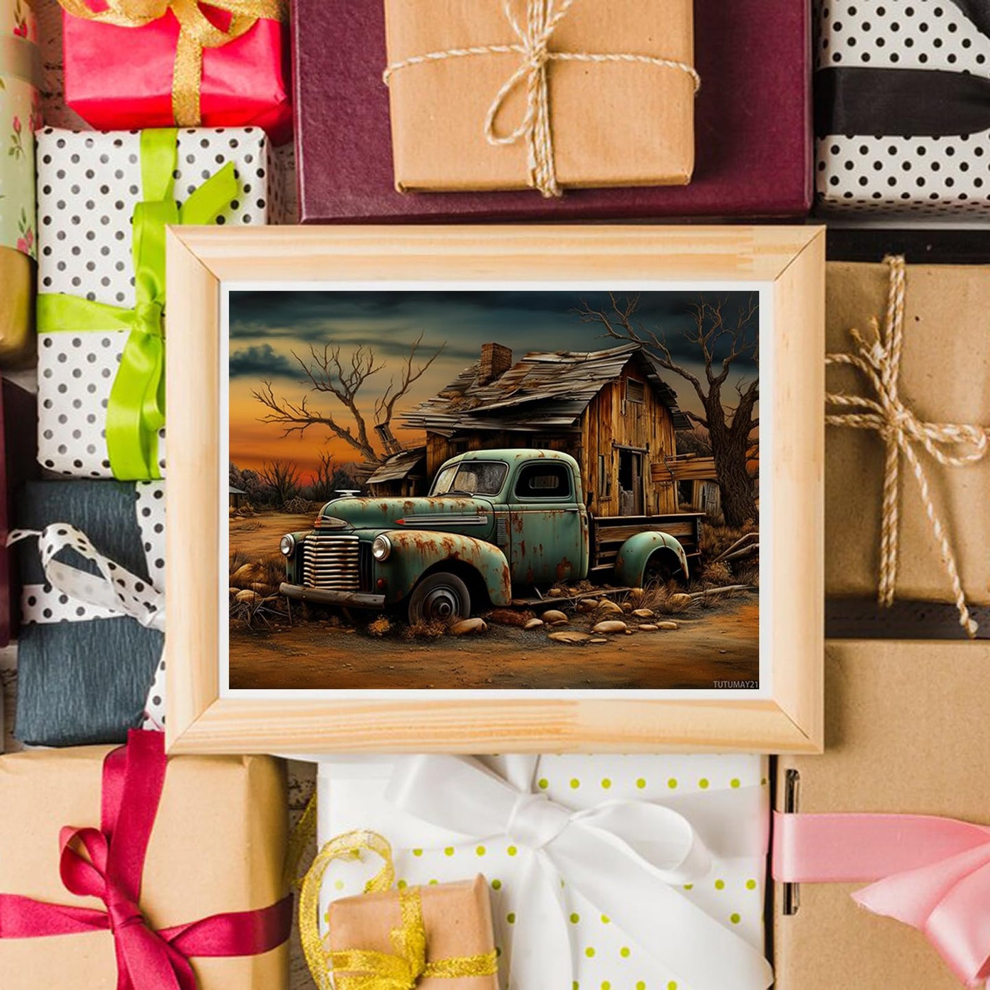 TUTUMAY21 5D Diamond Art Painting Old Rusted Green Truck Car and Wooden House Full Drill Diamond Art Painting by Number Kits for Adults Round Beads Mosaic Cross Stitch for Wall Decoration 12x16 inch