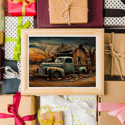 TUTUMAY21 5D Diamond Art Painting Old Rusted Green Truck Car and Wooden House Full Drill Diamond Art Painting by Number Kits for Adults Round Beads Mosaic Cross Stitch for Wall Decoration 12x16 inch