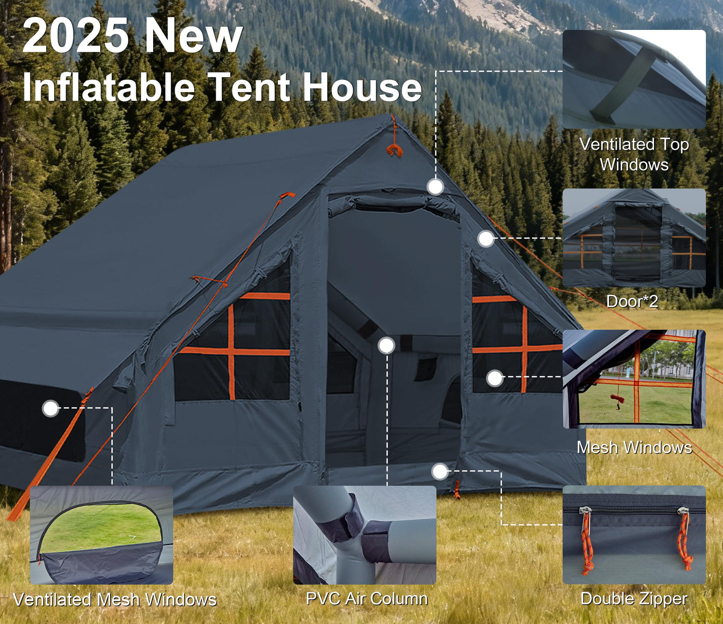 Inflatable Tent with Pump, 4-6 Person Glamping Camping Tents House, Easy Setup Blow Up Family Tents for 4 Seasons Waterproof Inflatable Tent for Camping Wind Resistant Air Tents House for Adult