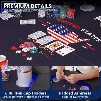REAHOISY 48" LED Poker Table, 8 Players Foldable Octagonal Casino Table for Home Game Room, Folding Texas Holdem Board Game Table with LED Light & Padded Armrest & Cup Holders