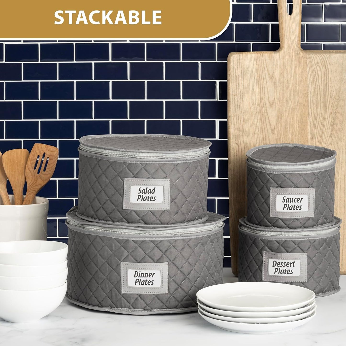 Gray China Storage Case for Salad Plates, 10" W x 6" H, Includes 12 Felt Separators, Stackable with Padded Interior