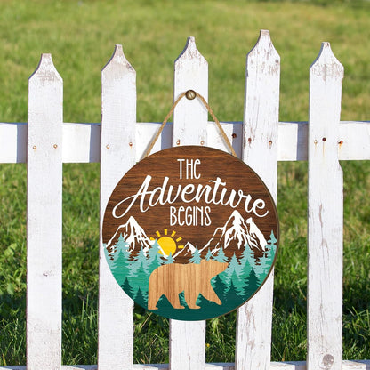 12 12'' Chunful The Adventure Begins Wooden Hanging Sign, x Woodland Nursery Decor, Green Trees Brown Background