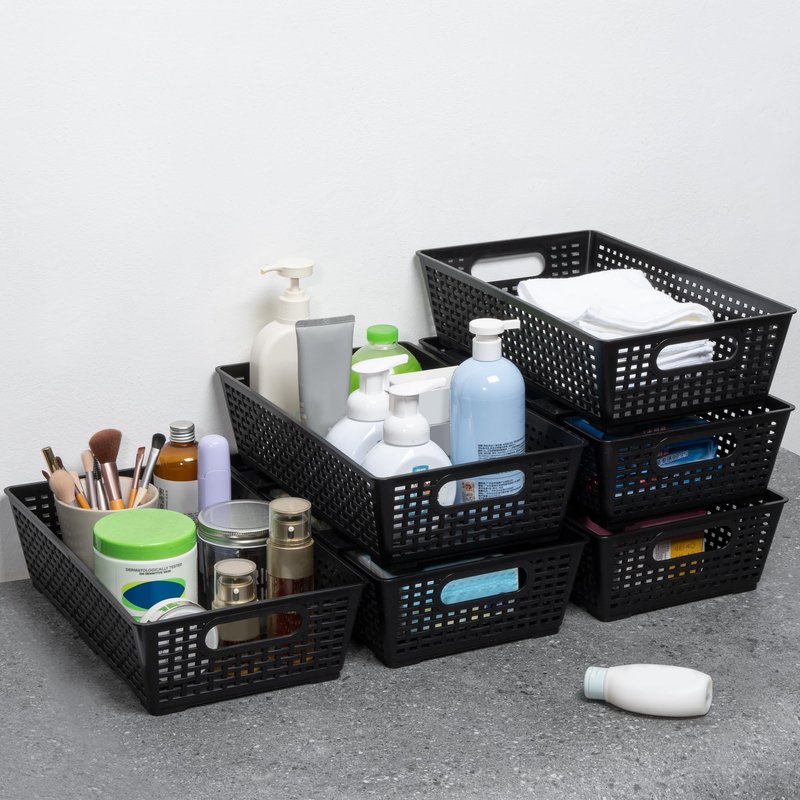 Tiawudi Stackable Woven Plastic Basket, Storage Bins for Cabinet, Closet, Shelf, Under Sink and Countertop, Pantry Organizer Bins, 6 Pack
