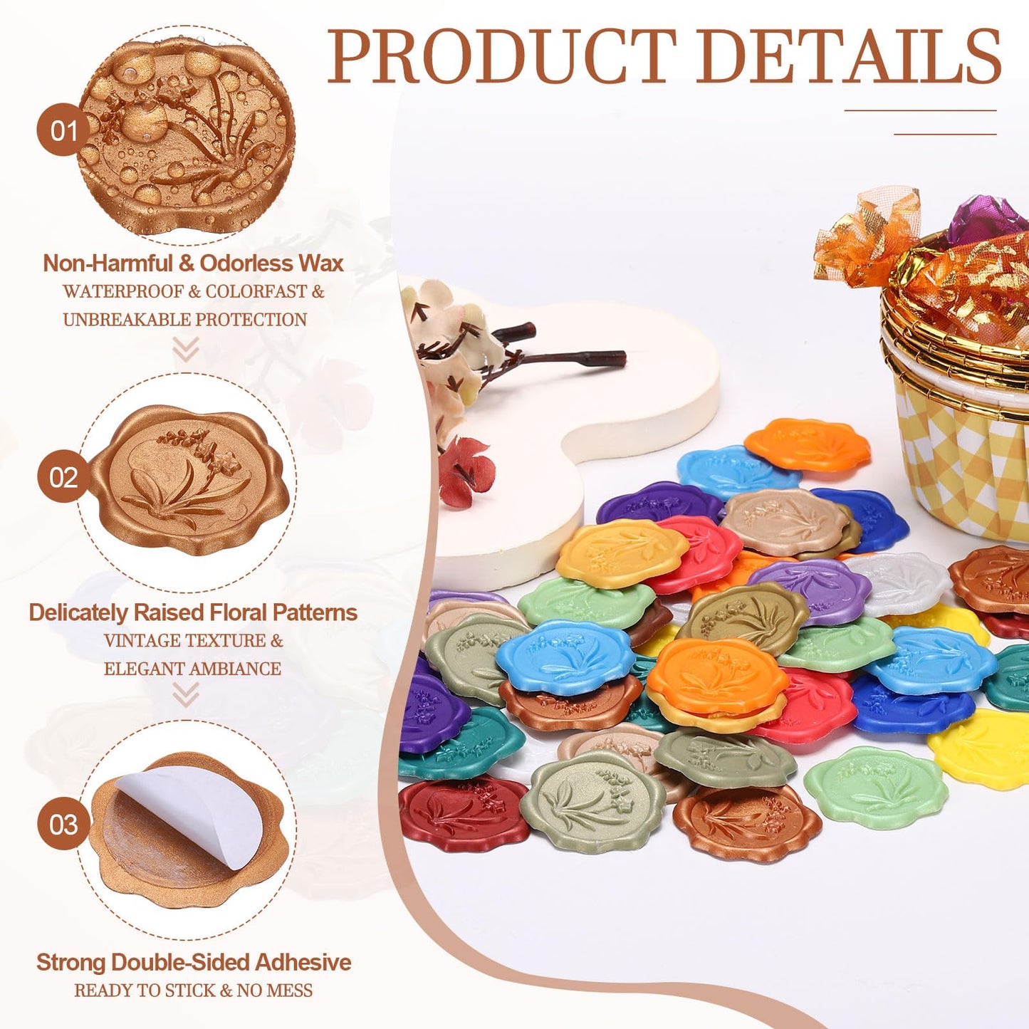 PATIKIL Wax Seal Stickers, 50 Pcs Envelope Seal Stickers, Self-Adhesive Wax Stamp Wedding Invitation Accessories for Wedding Party Birthday Gift Wrapping Anniversary, Coffee
