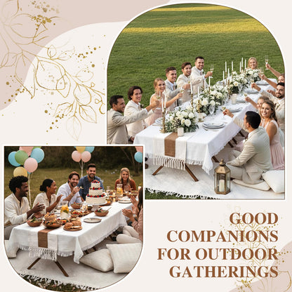 Novabright 20 Pcs Boho Picnic Kit Folding Picnic Table 59'' x 20.5'' Extra Large Outdoor Boho Blanket 91'' x 71'' Beige White Table Runner 12 Pillow Cover Woven Cotton Oversize Washable for Wedding