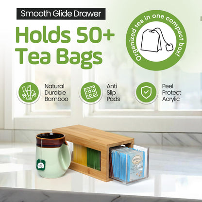 Serenica Homes Bamboo and Acrylic Drawer Tea Bag Holder- Durable & Elegant Tea Bag Storage Holder for Kitchen Countertop, Space-Saving Tea Drawer Organizer
