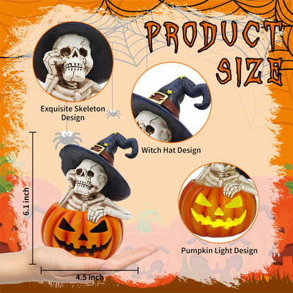 CFFOWNUG Skeleton Halloween Indoor Decoration: 6.1'' Witch Hat Skeleton Ornament with Solar Pumpkin for Home Fireplace Office Party Perfect Figurine Gift for Gothic Lovers