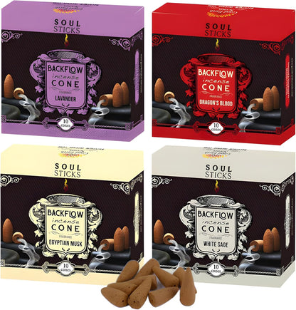 SOUL STICKS Assorted Backflow Incense Cones for Meditation, Yoga, Aromatherapy | 40 Premium Cones | Fits All Backflow
