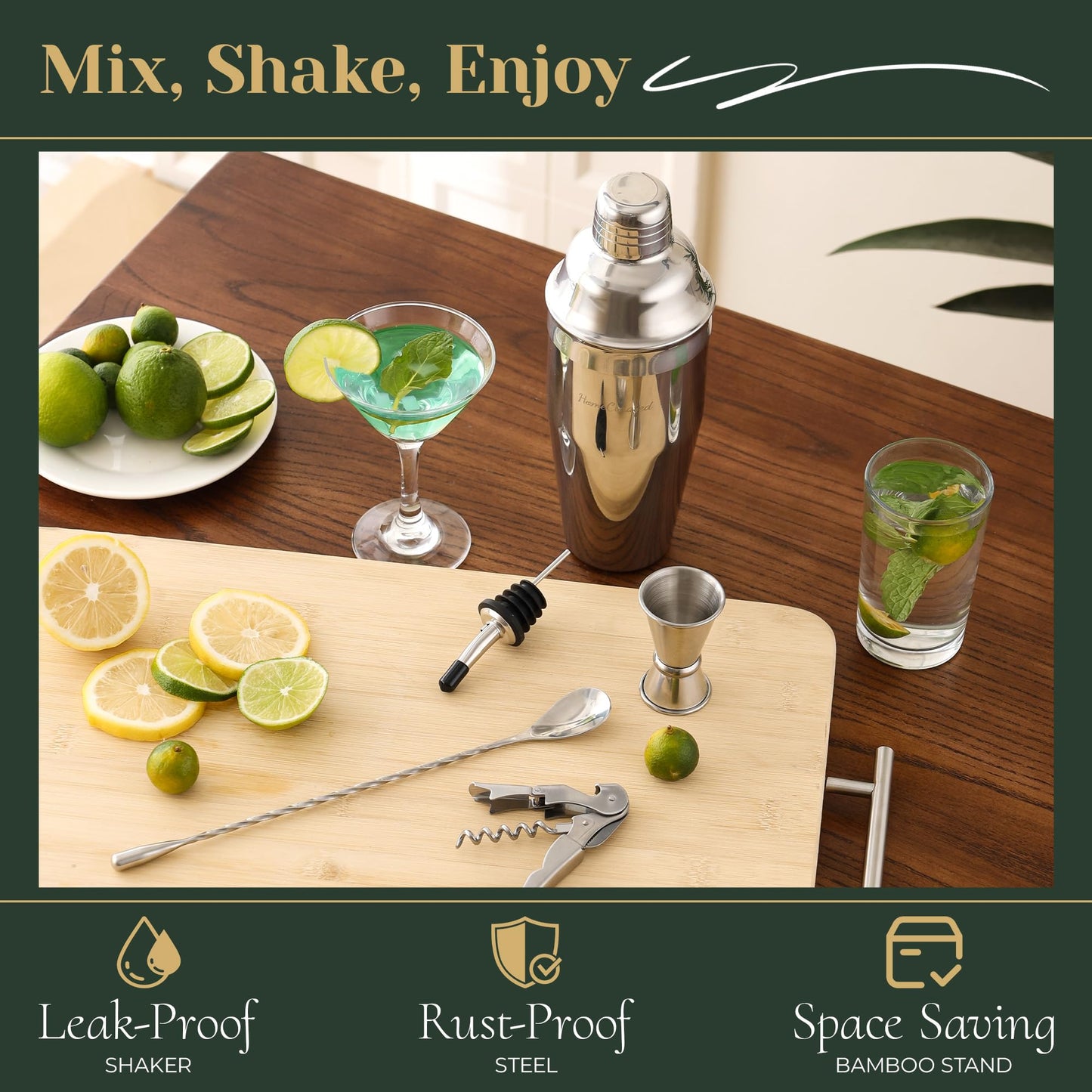 HomeCurated Cocktail Shaker Set,24-Piece Bar Bartender Kit with Stand,Martini Shaker,Jigger,Strainer,Mixer Spoon,Muddler,Liquor Pourers,Tongs,Opener,LCE Ball Mold&LCE Cubes,Bottle Stoppers|Silver