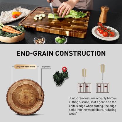 End Grain Cutting Board for Kitchen with Non-slip Feet, Acacia Wood Heavy Duty Checkered Cutting Board Upgraded Chopping Board with Juice Groove & Handle Large Wooden Butcher Block with Gift Box