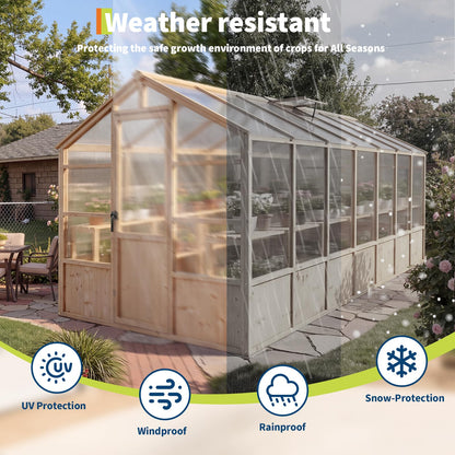 Wooden Greenhouse Kit with 4mm Polycarbonate Panels & 2 Adjustable Ventilation - Heavy Duty Wood Large Outdoor Greenhouse with Lockable Door for Garden, Backyard, Patio, Lawn Walk-in Green House