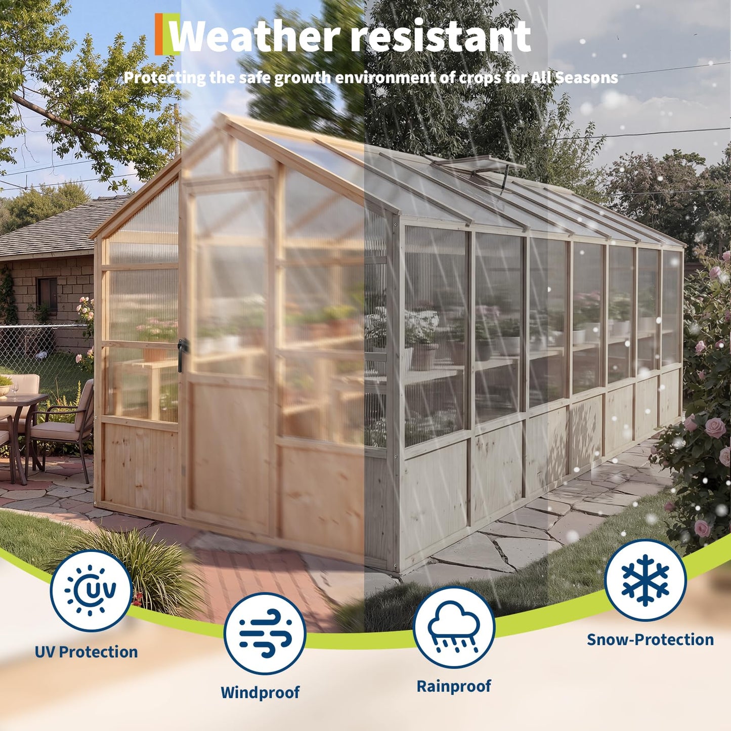 GarveeLife 8'x14' Wooden Greenhouse for Outdoor, Large Walk-in Greenhouse Kit with Ventilated Window, Door & Polycarbonate Panels, Heavy Duty Wood Frame Green House for Patio Garden Backyard