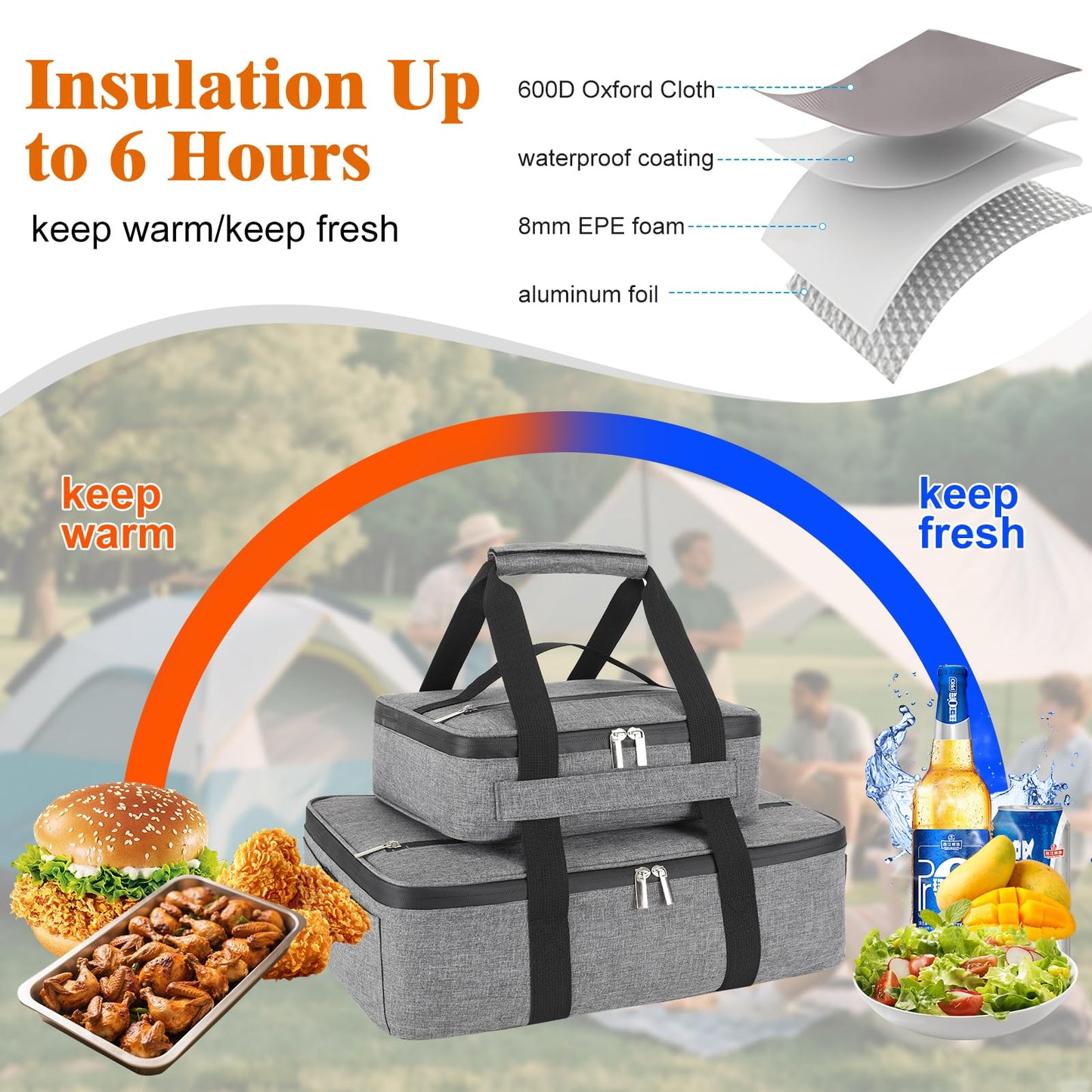 Wakaye Insulated Casserole Carrier for Hot or Cold Food, Fits 8"-15" Baking Dish，Thermal Food Carrier Bag, Lasagna Lugger Tote for Potluck Parties/Picnic/Cookouts/Lunch, Grey，2 Pack