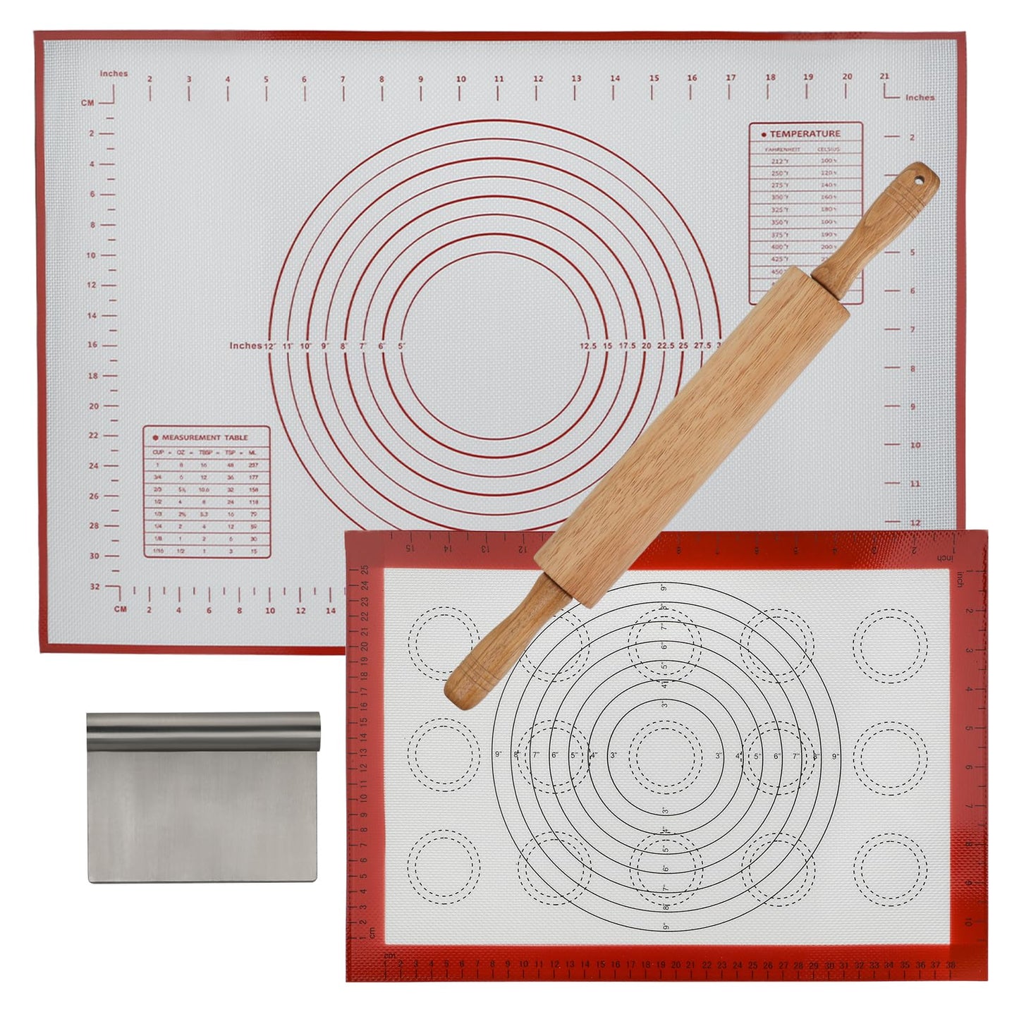 GreatChef Wood Rolling Pin 17.8 Inch for Dough with Pastry Scraper/Cutter & 2 PCS Heat-resistant Silicone Baking Mat, Non-stick, for Cookie, Pie, Macaroon, bread, Baking Pasry Tools Set