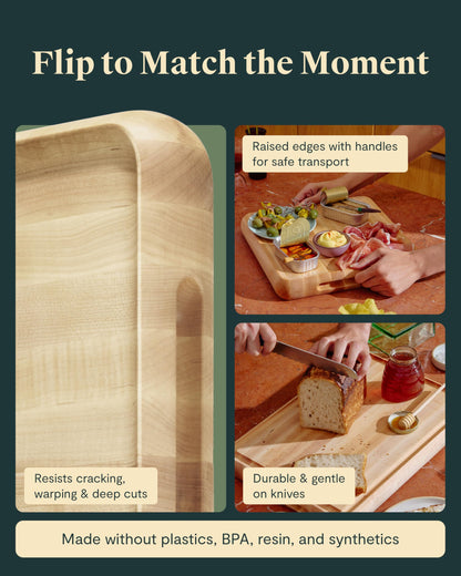 Caraway 3-Piece Prep & Serve Butcher Block Set, Includes 17” Rectangle Cutting Board, 12” Square Cutting Board and Metal Storage Rack, Maple