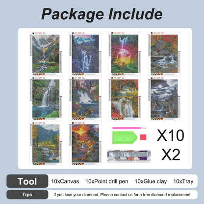 Stalente Diamond Painting Kits for Adults, 10 Pack 5D Diamond Art Kits for Beginners Round Full Drill Diamond Painting for Home Wall Decoration Gift 12×16inch, Landscape Waterfall