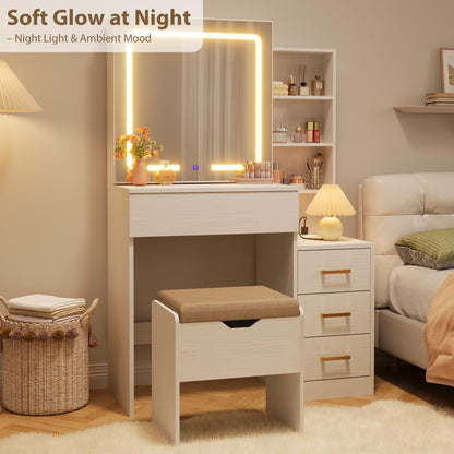 IDEALHOUSE Vanity Desk with Mirror and Lights, Vanity Table and Chair Set with 4 Drawers and Charging Station, Dresser LED Sliding Mirror with 3 Color Modes Adjustable Storage Shelves, White