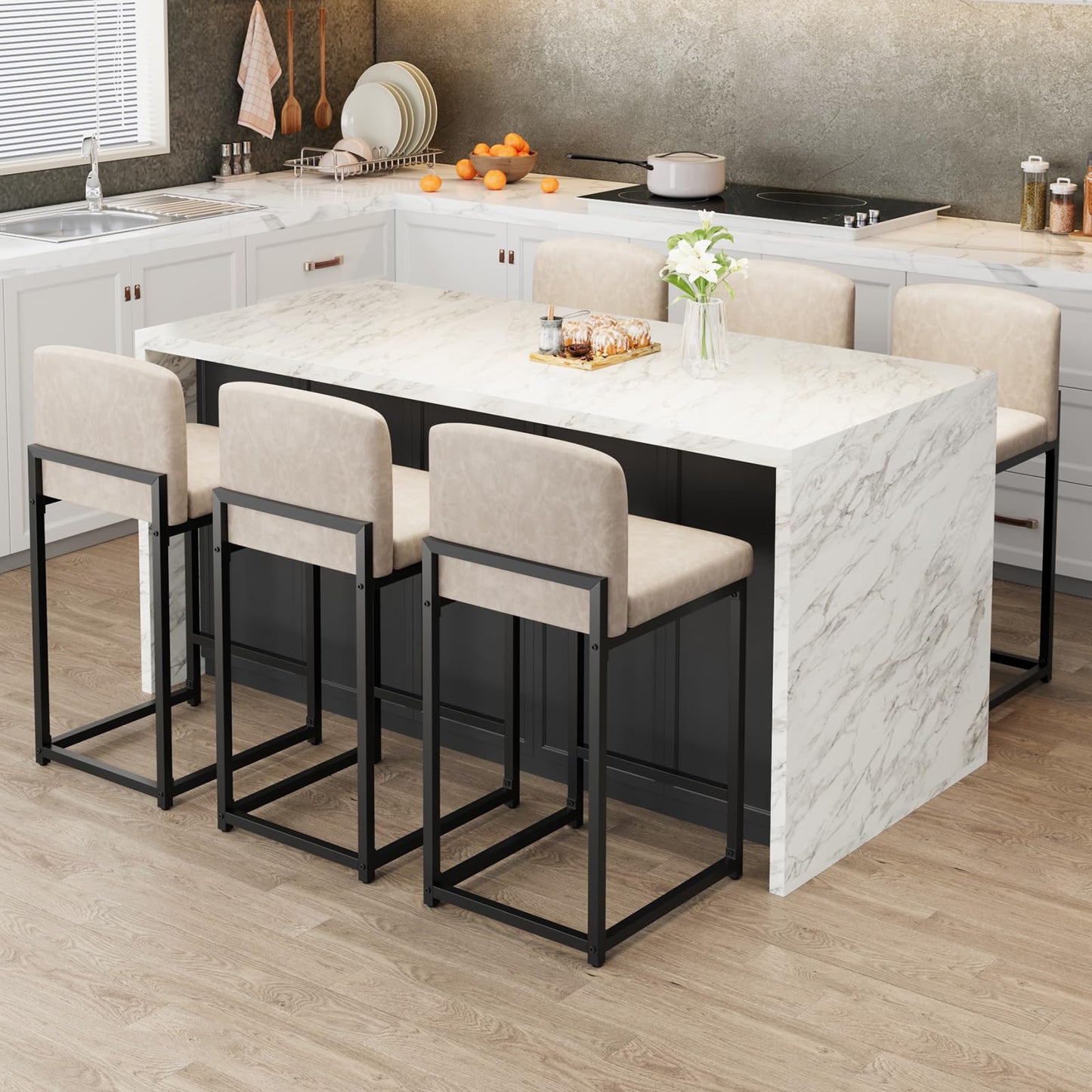 IDEALHOUSE Modern Bar Stools Set of 4, PU Leather Counter Height Barstools with Back, Upholstered Bar Chairs for Kitchen Island & Home Bar, Metal Frame, Beige