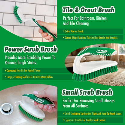 Libman Scrub Brush Kit | Cleaning Brush | Tile & Grout Brush | Small Scrub Brush | Power Scrub Brush | Carpet Brush | Bathroom Scrubber | Boot Scrubber | 3 Different Brushes Included