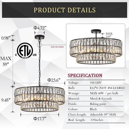 CATINER 24'' Black Crystal Chandeliers Luxury 8-Lights Pendant Chandelier Drum Semi Flush Mount Ceiling Lights for Living Room Dining Room Foyer Bedroom Kitchen