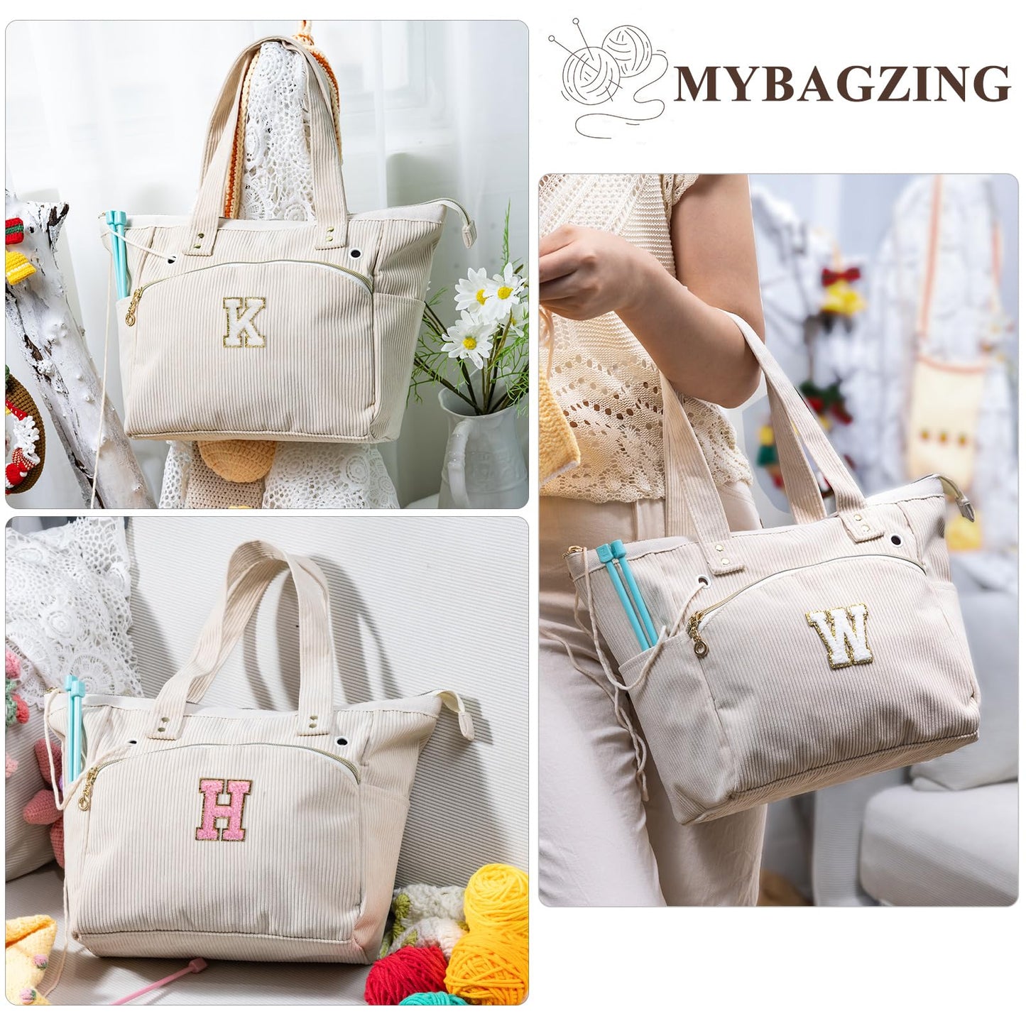 Initial Personalized Crochet Bag Tote - Corduroy Yarn Bag Storage - Yarn Holder for Crocheting - Crochet Organizer for Crochet Hooks, Crochet Accessories,Project Bag Knitting Bag Crochet Lover Gift