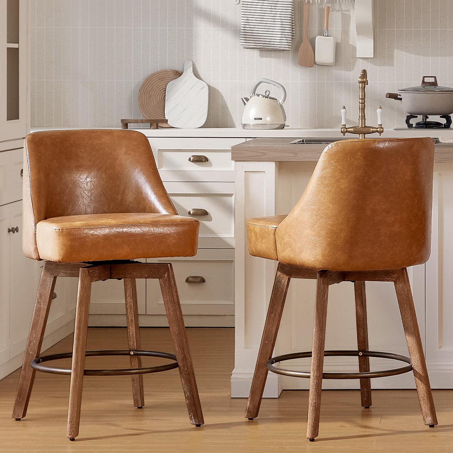 Finekoze Counter Height Bar Stools,Brown-Colored Faux Leather Comfort Fabric Bar Stool Set of 2，360° Swivel Counter Height Stools Solid Wood Legs,27'' Barstools with Contoured Backrest