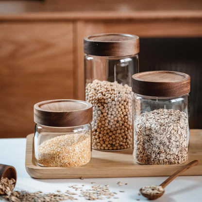 MOLADRI 28 fl oz/850 ml Clear Glass Storage Canister with Airtight Wooden Screw Lid, Medium Cute Decorative Glass Container Jar for Coffee,Candy,Salt,Cookie,Condiment,Pepper,Sugar,Overnight Oatmeal