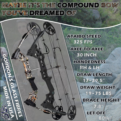 Compound Bow Kit, Hunting & Targeting, Gordon's Limb Made in USA, Draw Weight 19-75 lbs Adjustable, Draw Length 17”-29.5",up to IBO 325FPS Speed, with Archery Hunting Accessories (Right Hand, Camo)