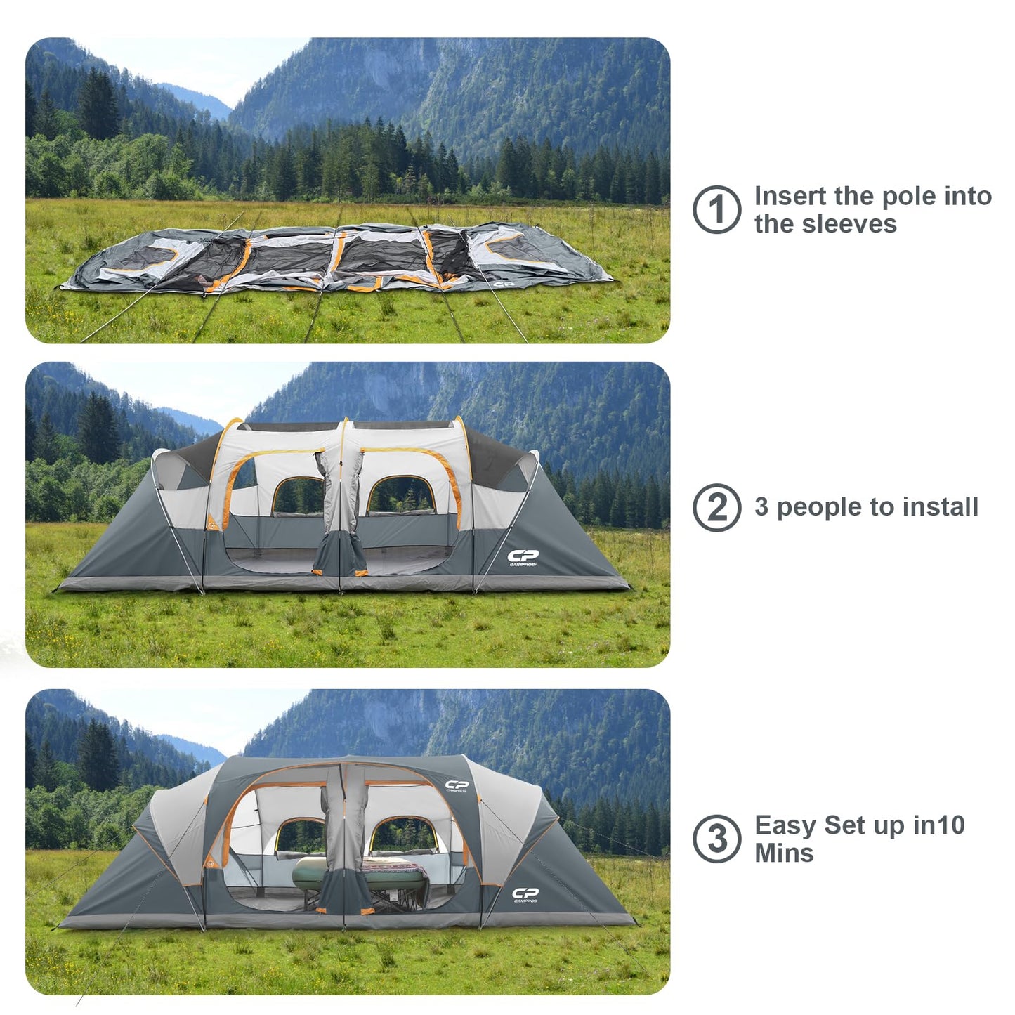 CAMPROS CP Tent 12-Person-Camping-Tents,3 Room Family Tents,Waterproof Windproof Family Tent with Top Rainfly,6 Large Mesh Windows,Double Layer,Easy Set Up, Portable with Carry Bag-20' x 9' x 72"(H)