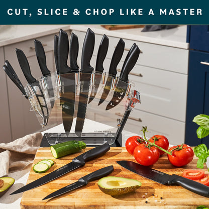 Home Hero Kitchen Knife Set with Sharpener - High Carbon Stainless Steel Knife Block Set with Ergonomic Handles (20 Pcs - Acrylic Black)