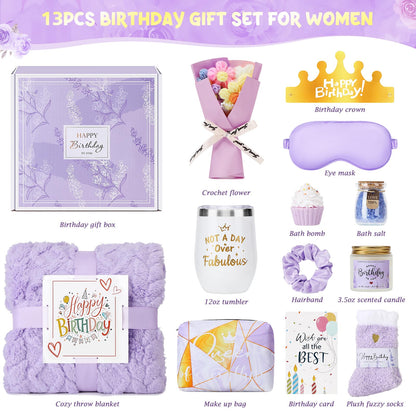 Joyliss Birthday Gifts for Women, 13PCS Unique Happy Birthday Gifts Basket for Mom Her Best Friend Sister Wife Girlfriend Coworker Bestie, Luxury Self Care Box Relaxing Spa Gifts Set (Lavender)
